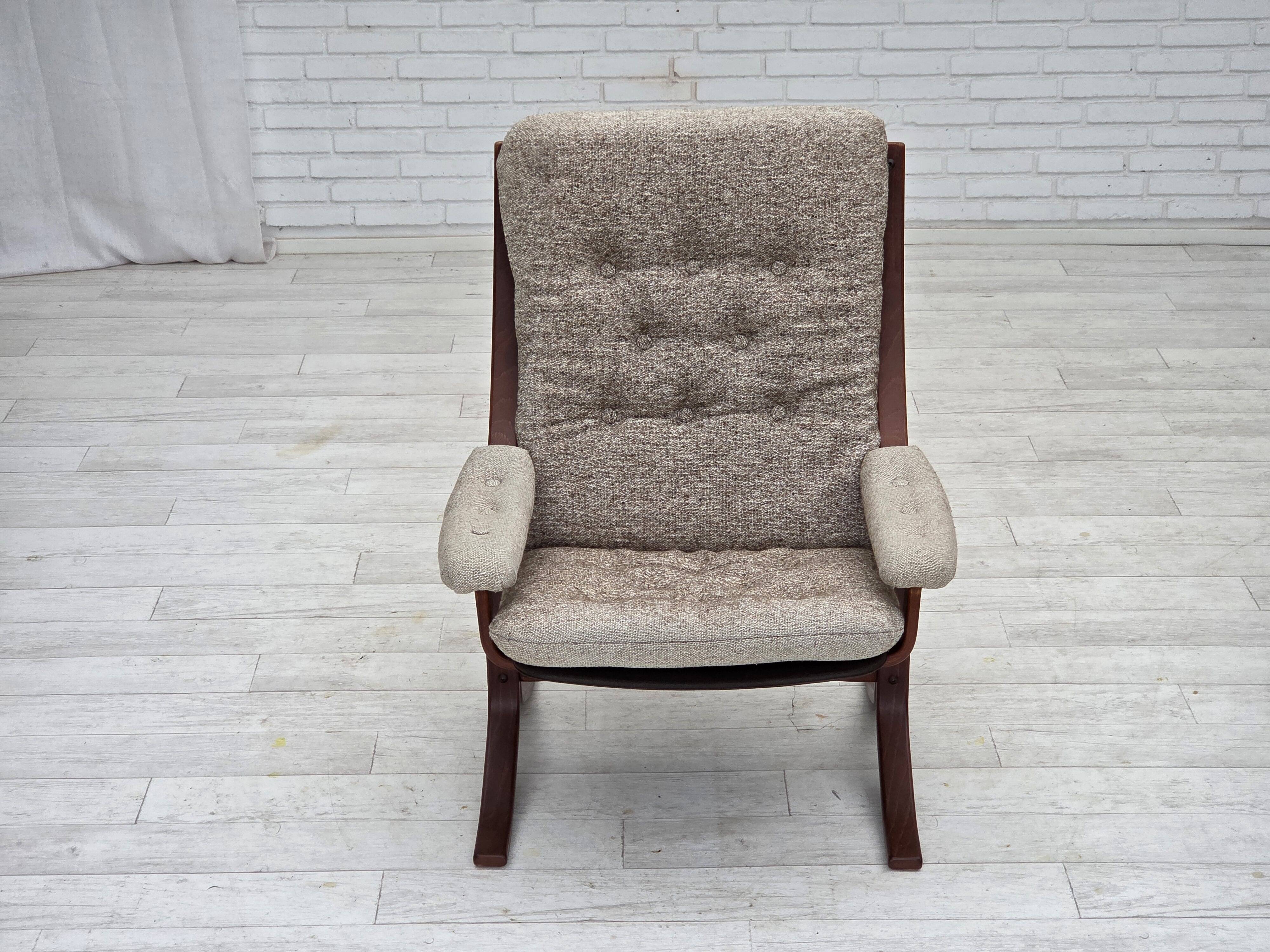 1970s, Norwegian design armchair, blend wool fabric, bent wood.
