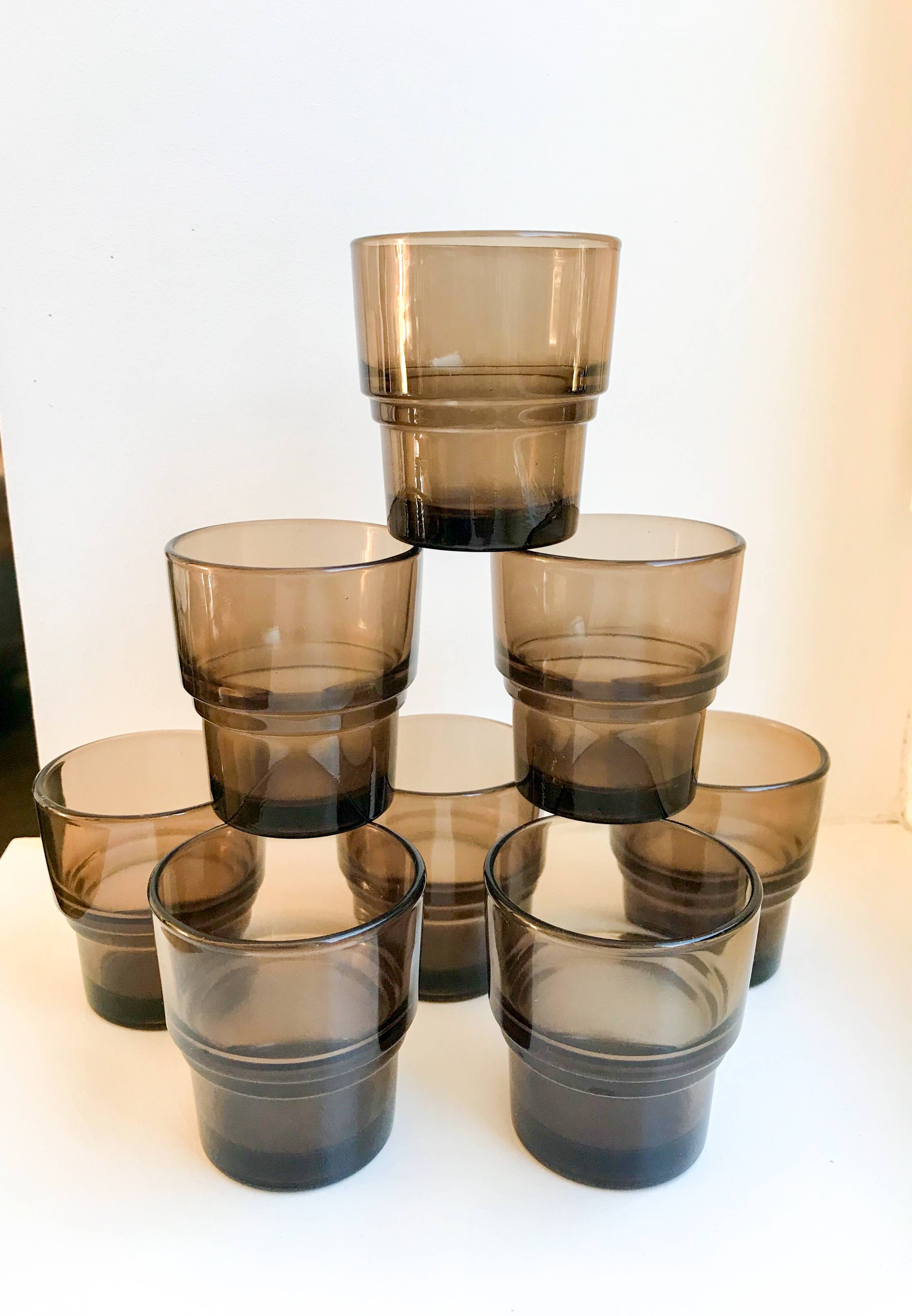 set of 8 Vereco smoked glass glasses Made in France 1970s