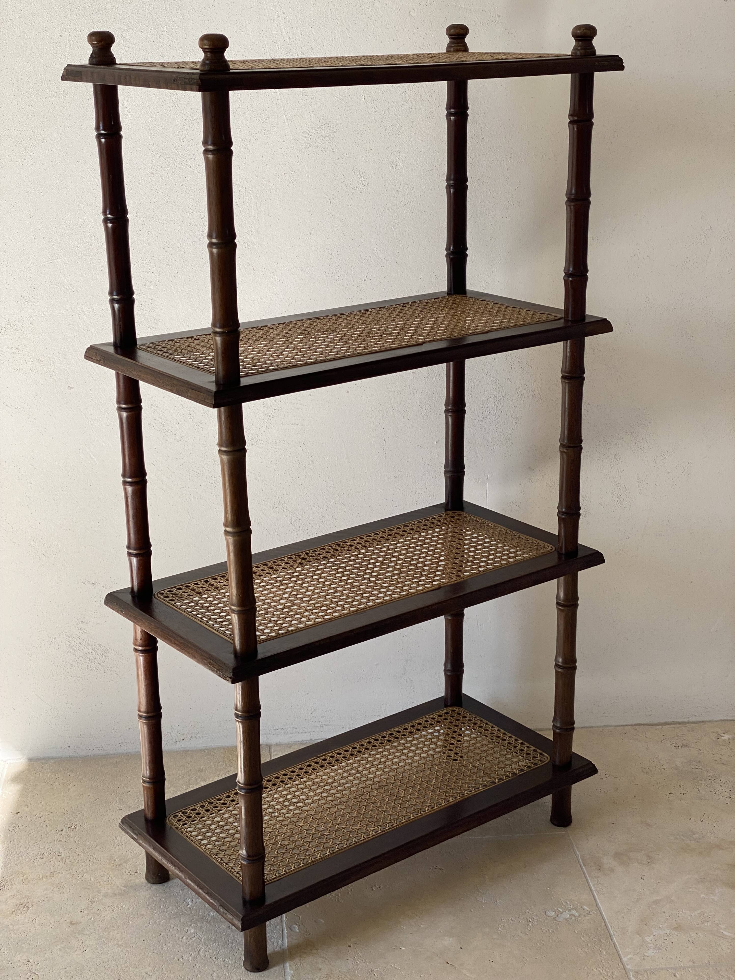 Vintage wooden shelf with cane, colonial style, 4 levels.