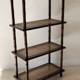 Vintage wooden shelf with cane, colonial style, 4 levels.