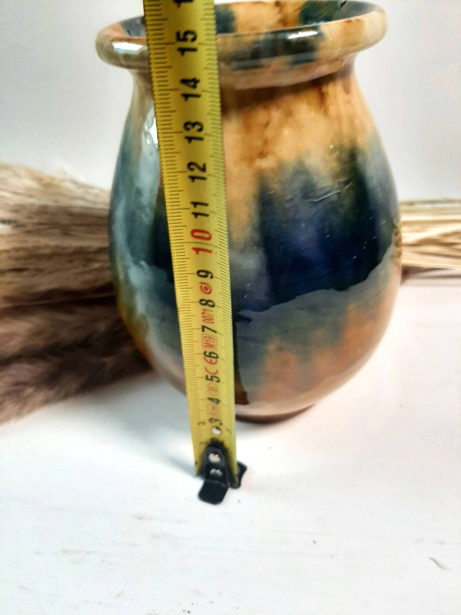 Aetgina vase Vallauris vintage in ochre and blue glazed ceramic.