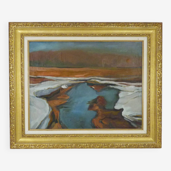 Abstract oil on canvas signed in its gilded wooden frame. 60s 70s