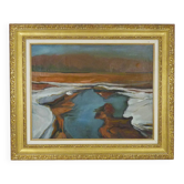 Huile sur toile abstraite signée dans son cadre doré en bois. Années 60 70
