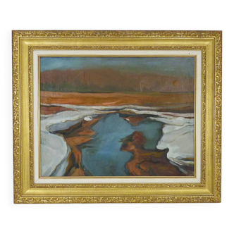 Abstract oil on canvas signed in its gilded wooden frame. 60s 70s