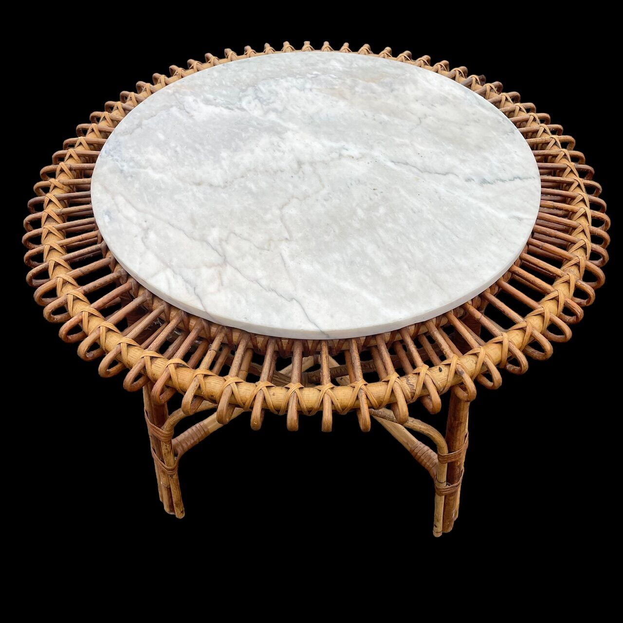 Sun coffee table in rattan and marble from the 50s