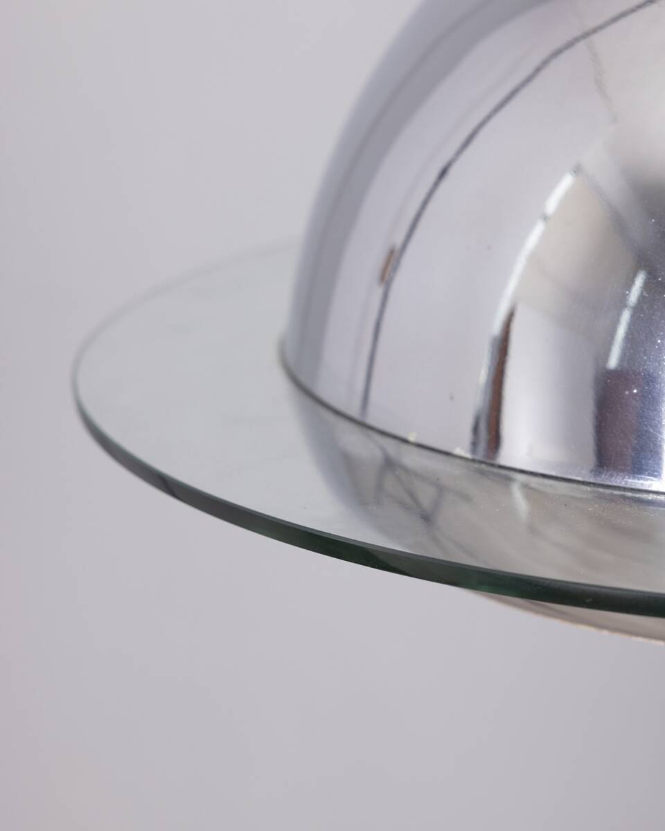 VINTAGE 1970S CHANDELIER IN CHROME-PLATED METAL AND GLASS, ITALIAN DESIGN