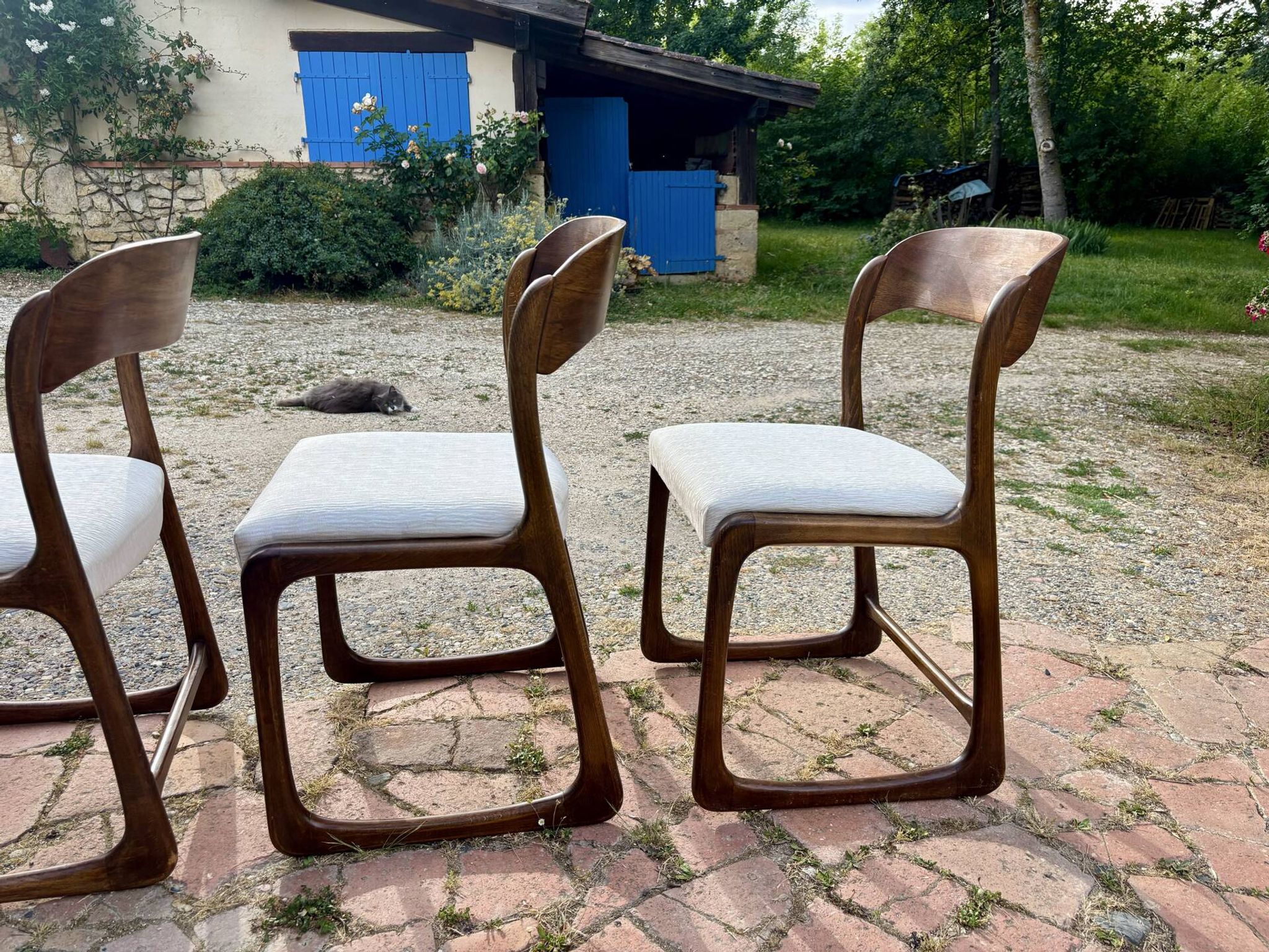 Four vintage Baumann sled chairs from the 1960s 1970s.