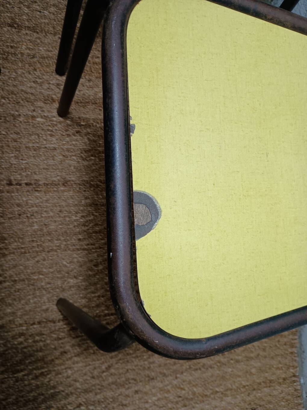 8 canteen chairs, yellow, blue, and red Formica with metal tubing from the 1950s-60s.