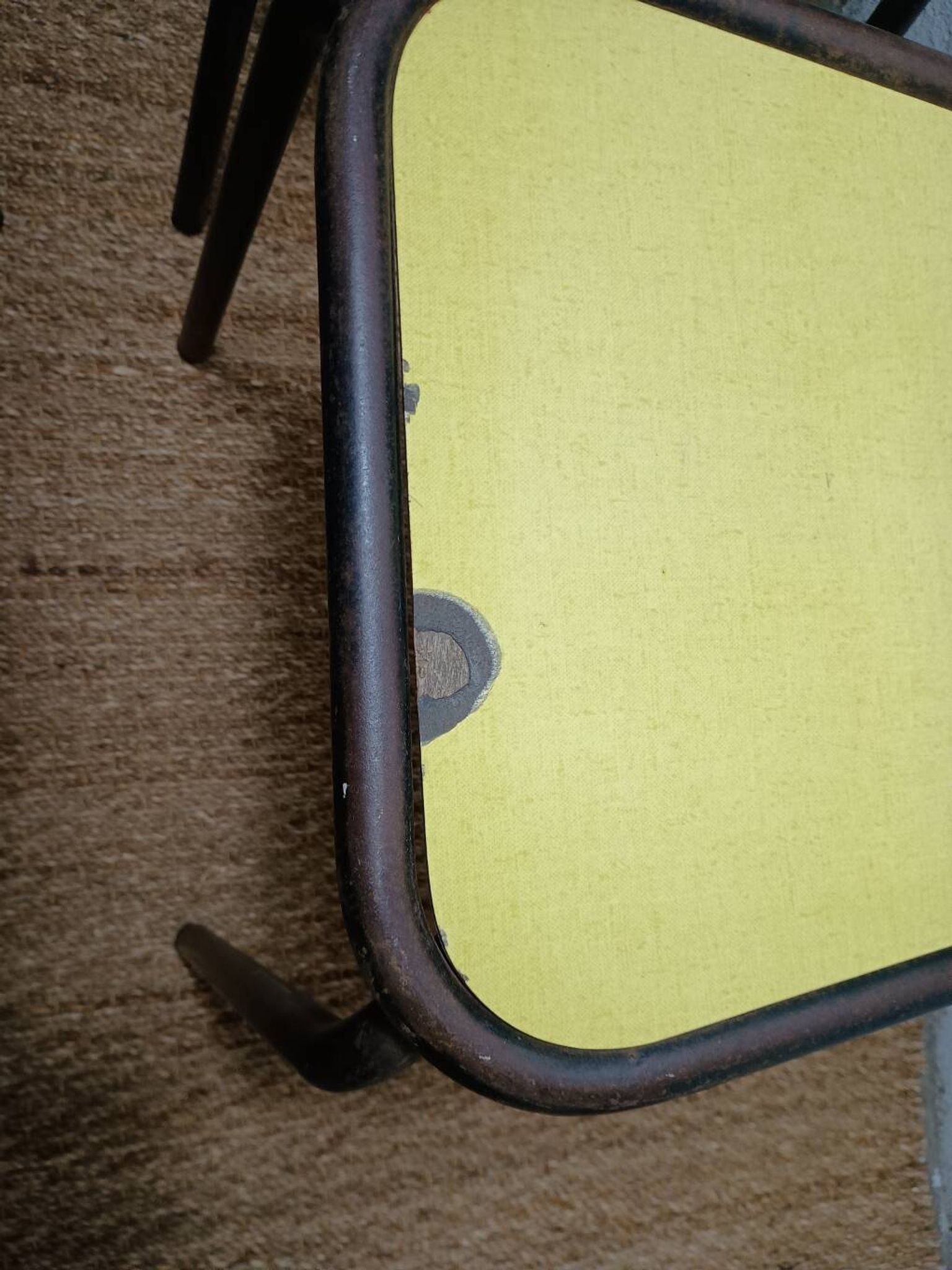 8 canteen chairs, yellow, blue, and red Formica with metal tubing from the 1950s-60s.