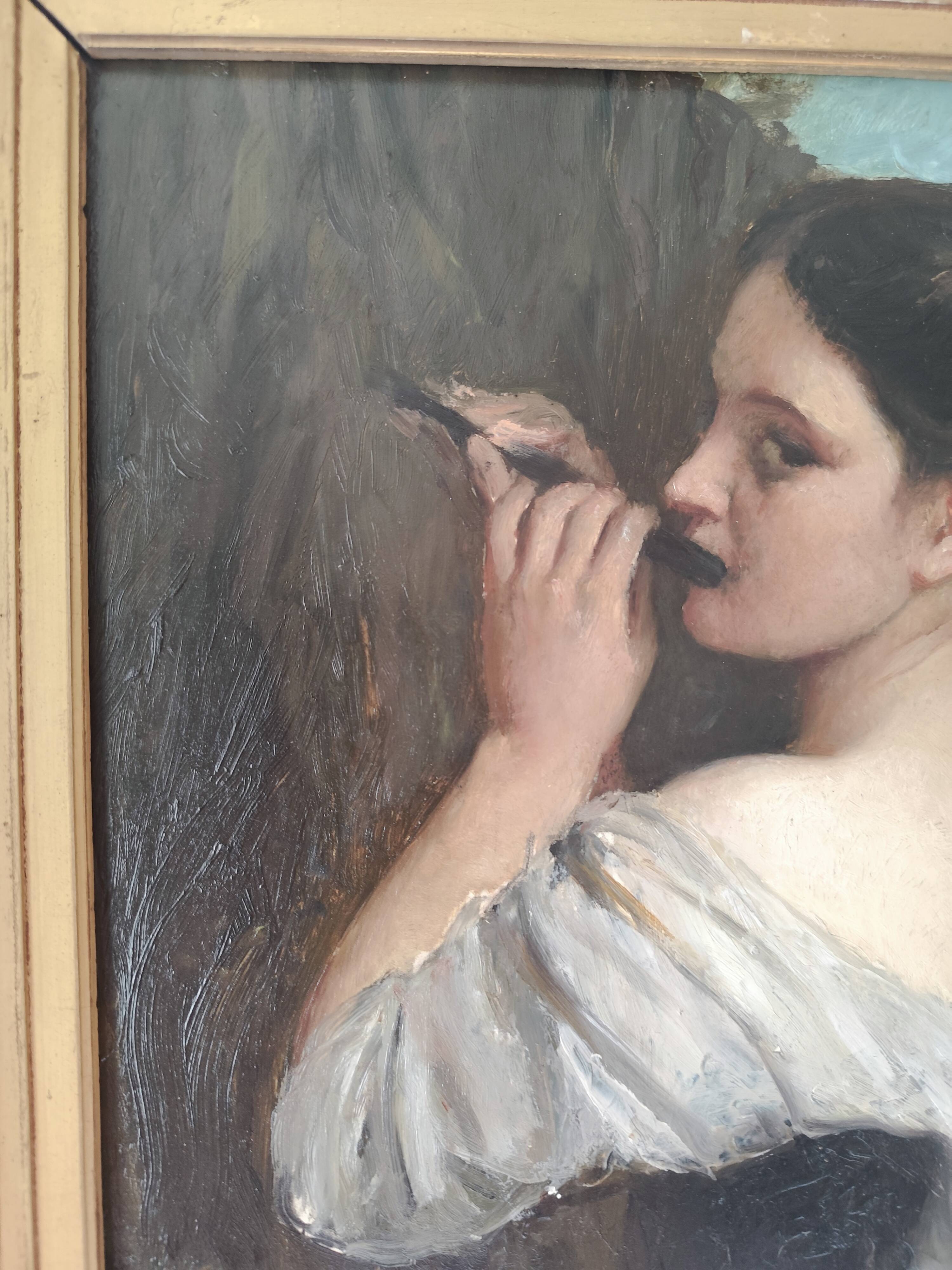 Superb oil on wood panel of a flute player by Firmin Gauthier.