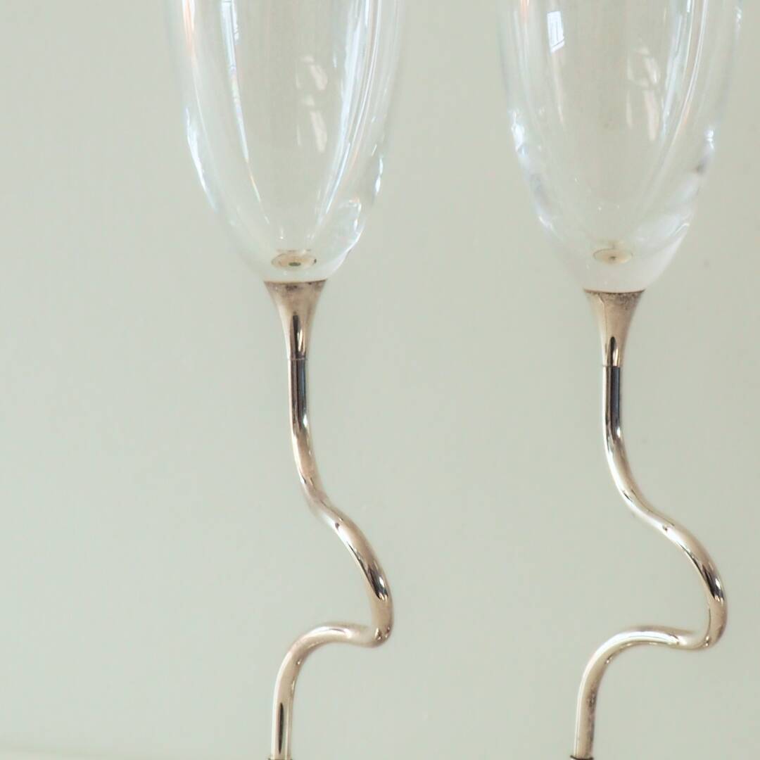 Vintage Pair of Crystal Silver Wedding Anniversary Champagne Flutes