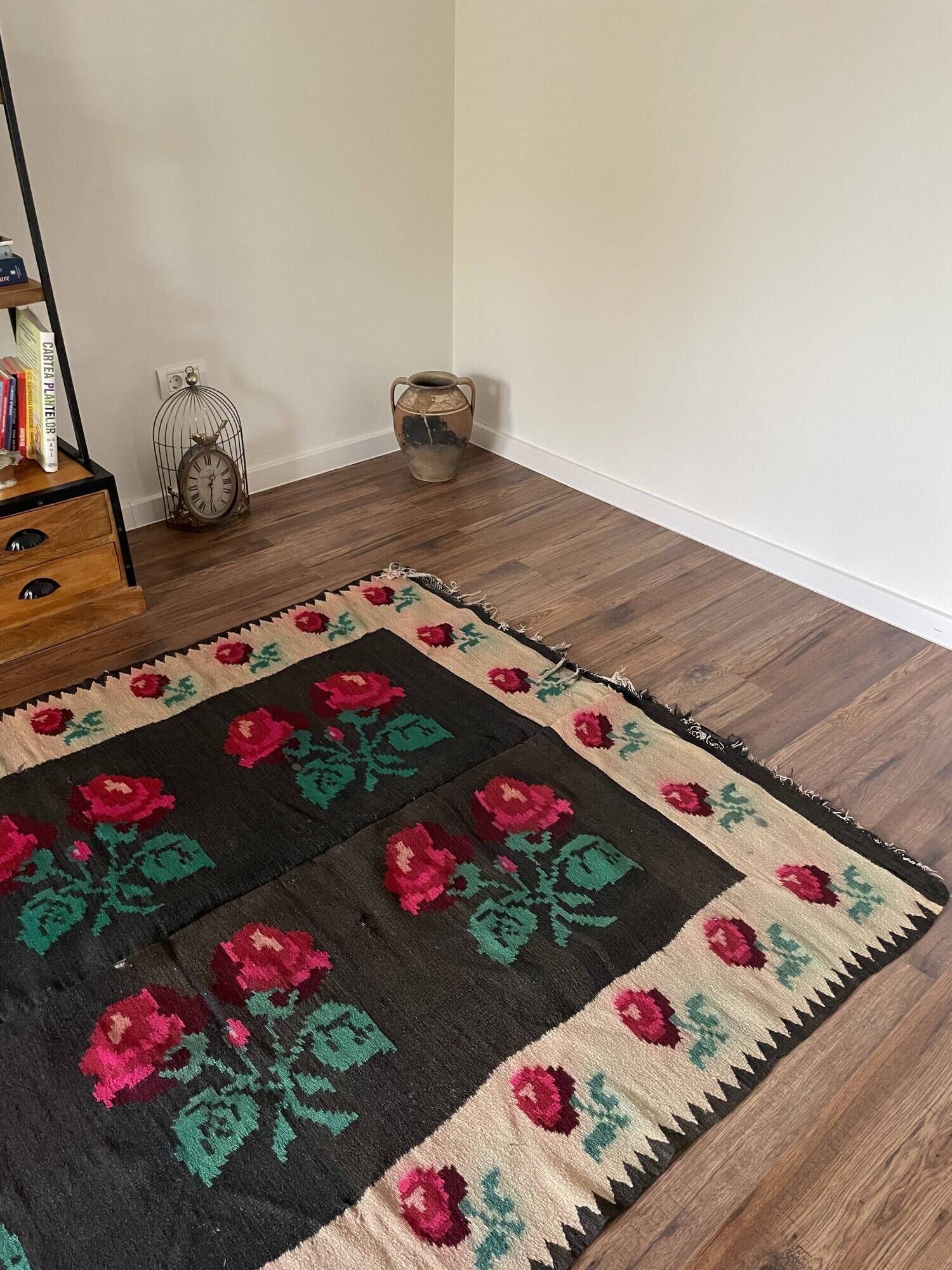 Very Old Romanian floral handwoven carpet made in wool, bohemian design