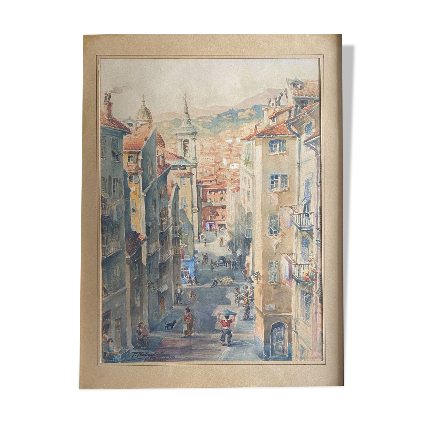 Watercolor painting p. rabagliati rue rossetti old nice 1950 + frame