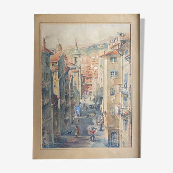 Tableau aquarelle p. rabagliati rue rossetti vieux nice 1950 + cadre