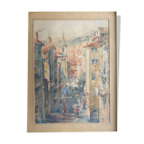 Watercolor painting p. rabagliati rue rossetti old nice 1950 + frame