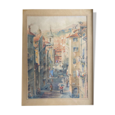 Watercolor painting p. rabagliati rue rossetti old nice 1950 + frame