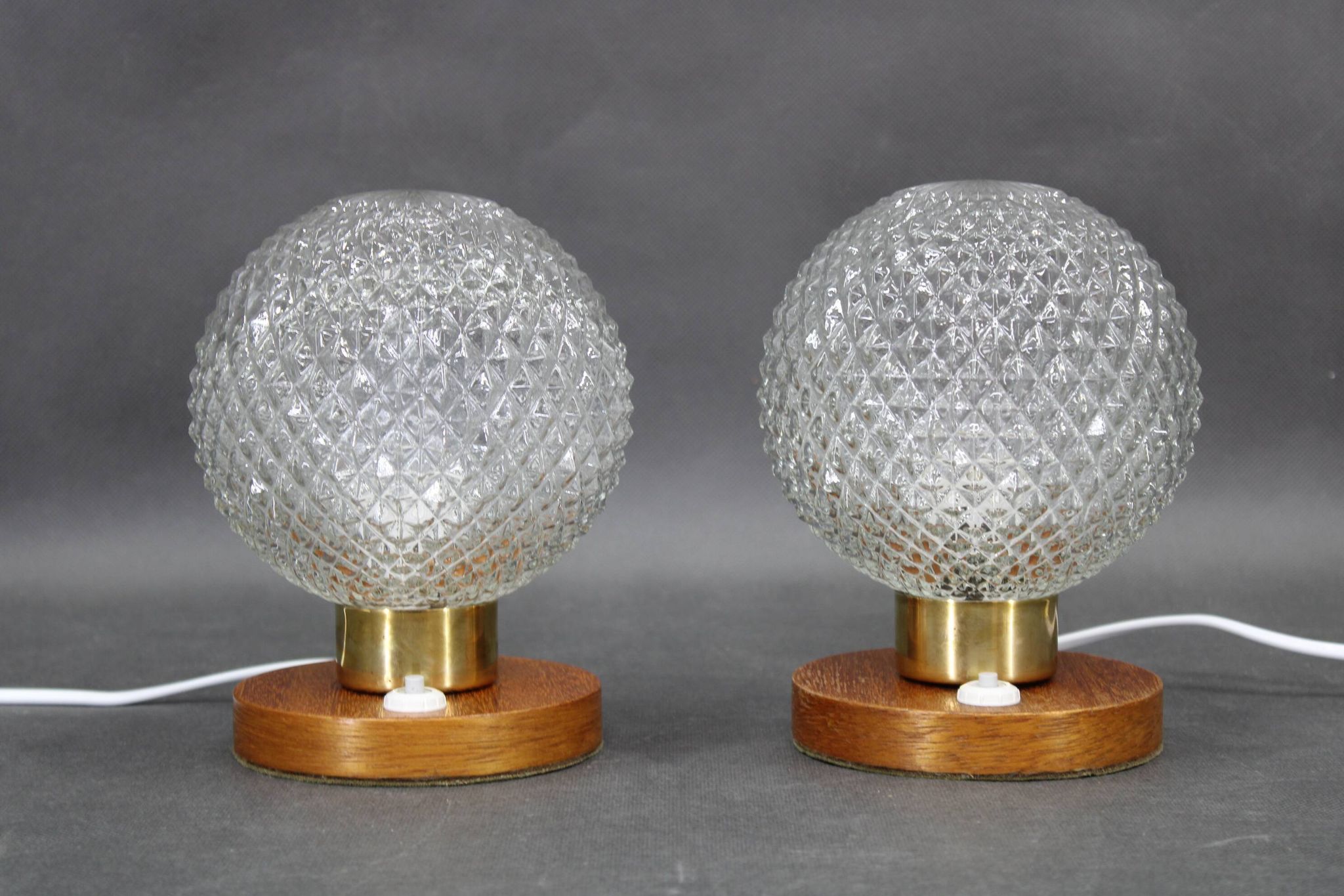 Pair of mid-century glass and wood table lamps, Czechoslovakia, 1970s