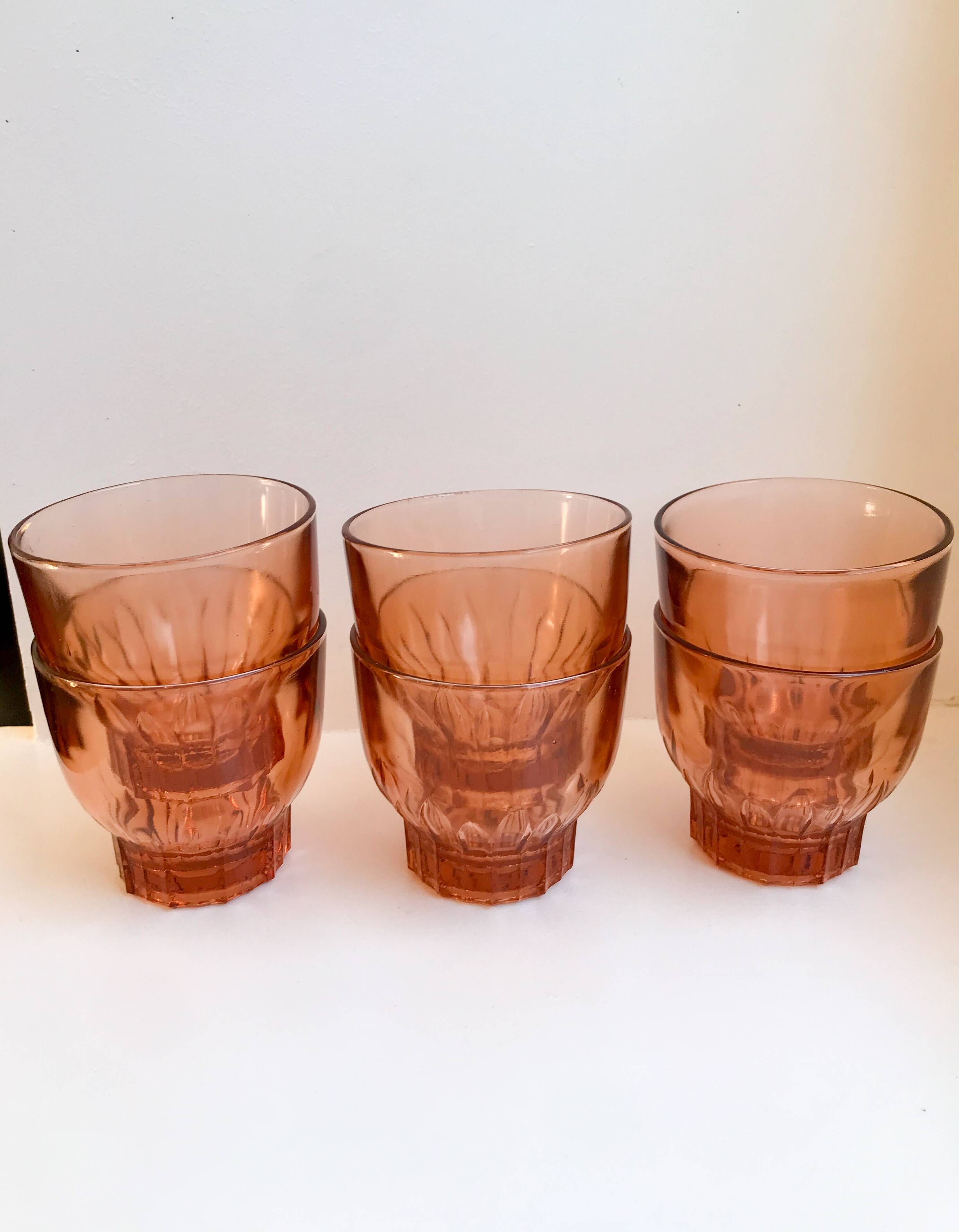 Set of 6 large pink glass water glasses from the 60s