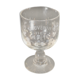 Old glass with foot floral decoration SOUVENIR OF THE FEAST Vierzon THOUVENIN