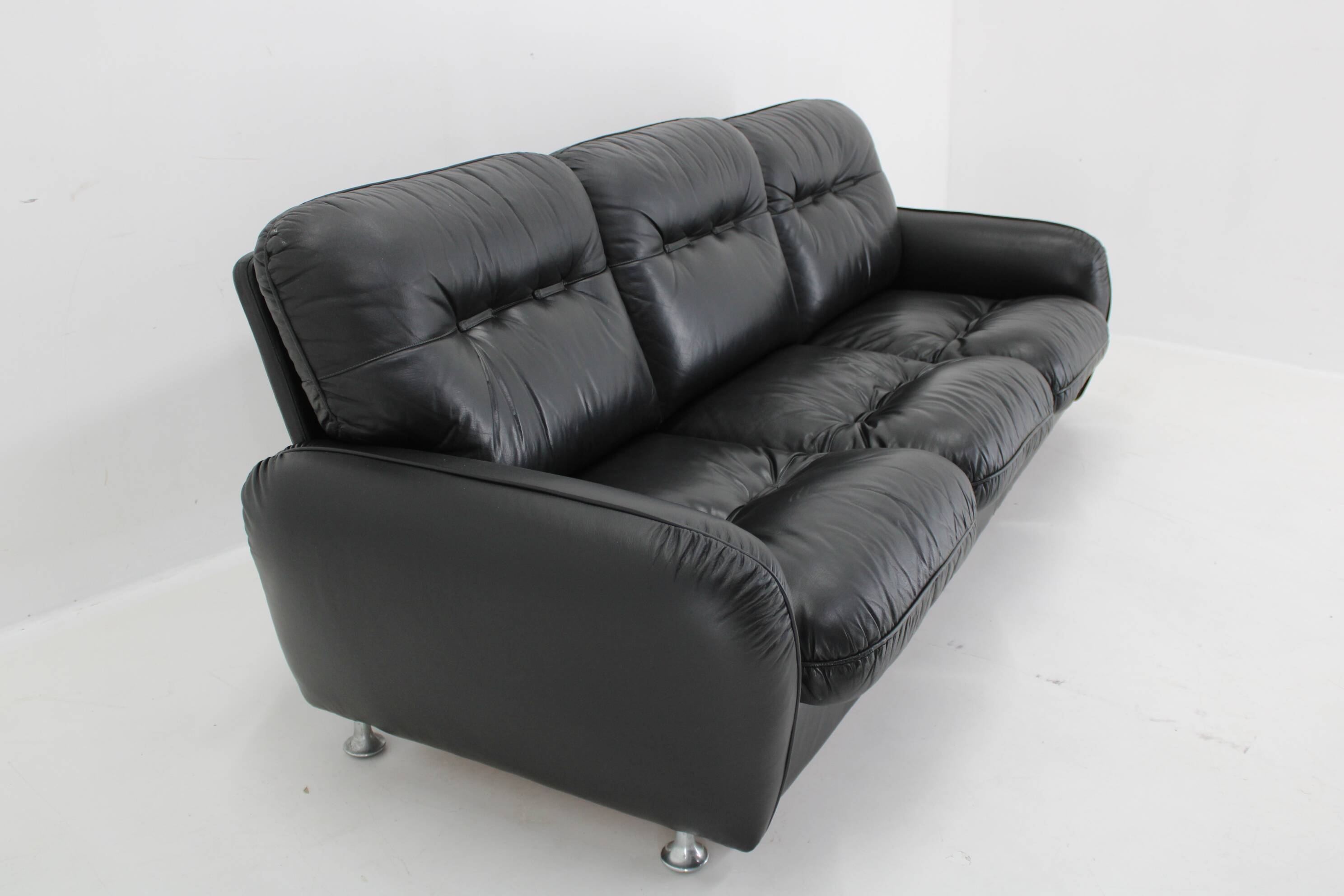 1970s 3-Seater Sofa in Black Leather,Italy