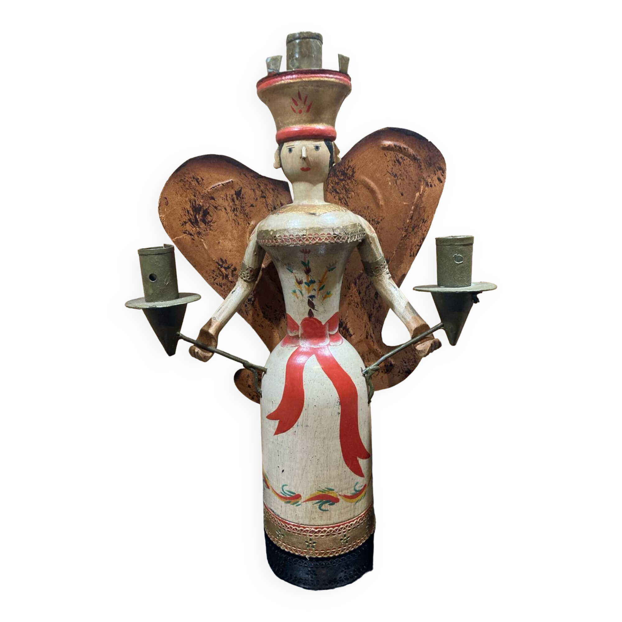 German polychrome wooden angel of light candle holder