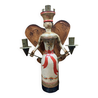 German polychrome wooden angel of light candle holder