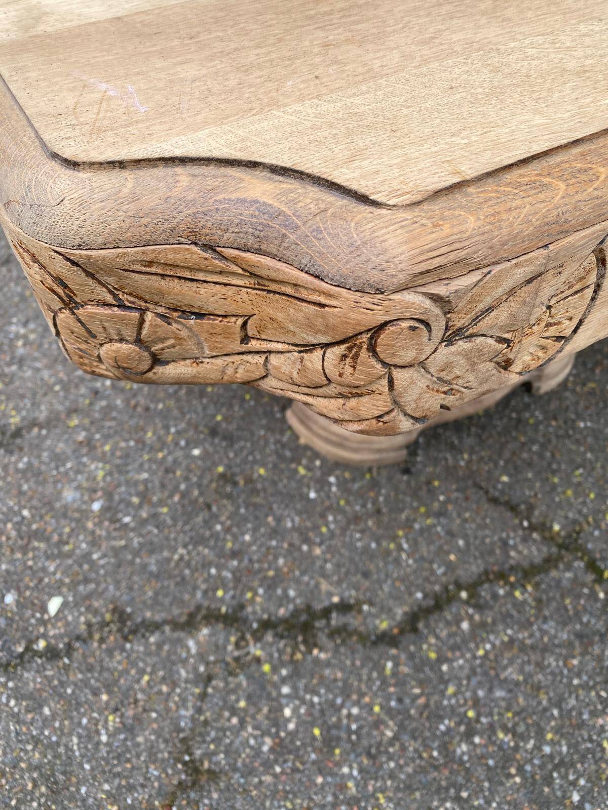 Rectangular Art Deco dining table with a central pedestal, renovated in solid oak.