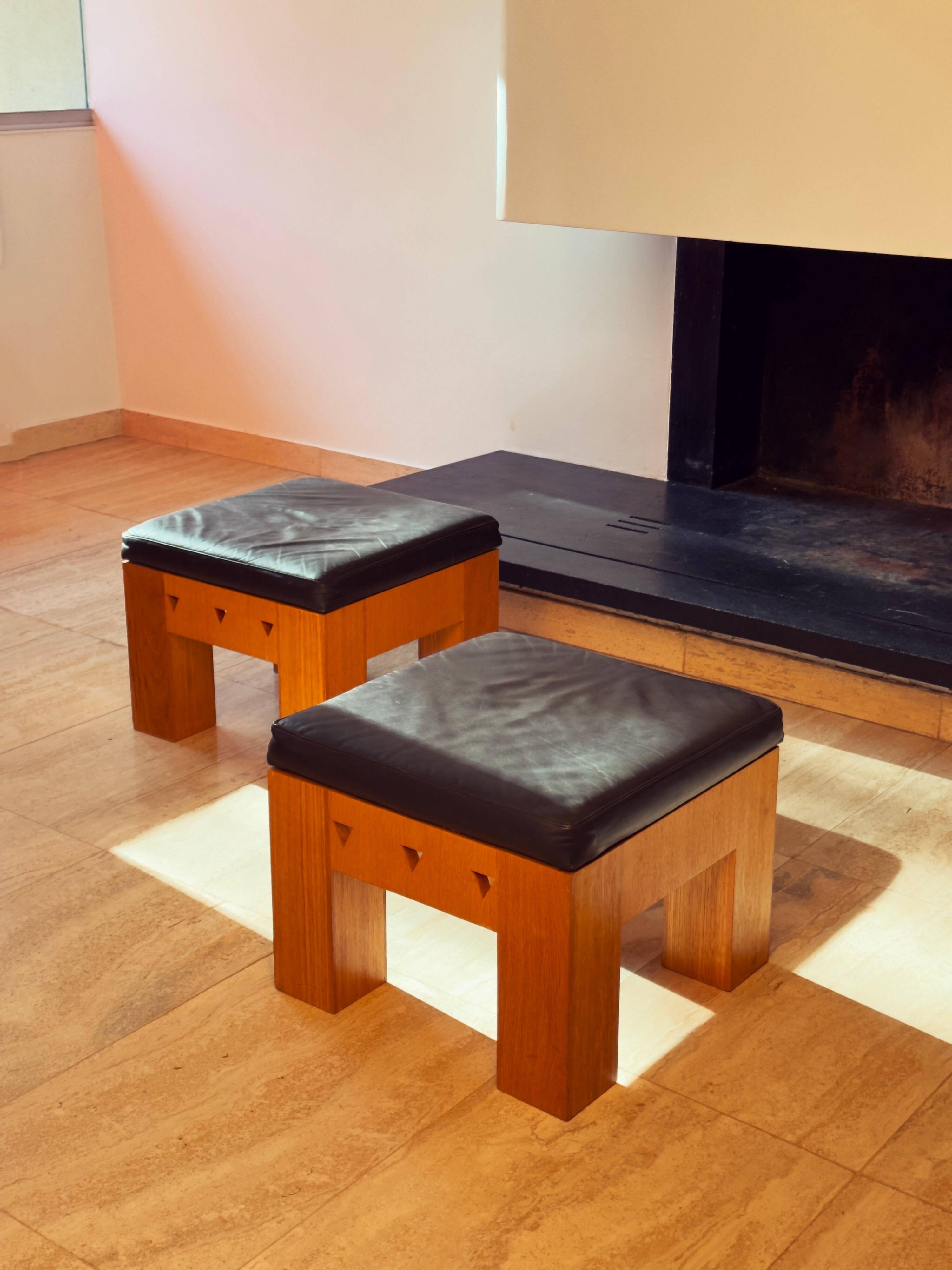 Pair of Low Wooden Stools with Leather Seats, 1970s