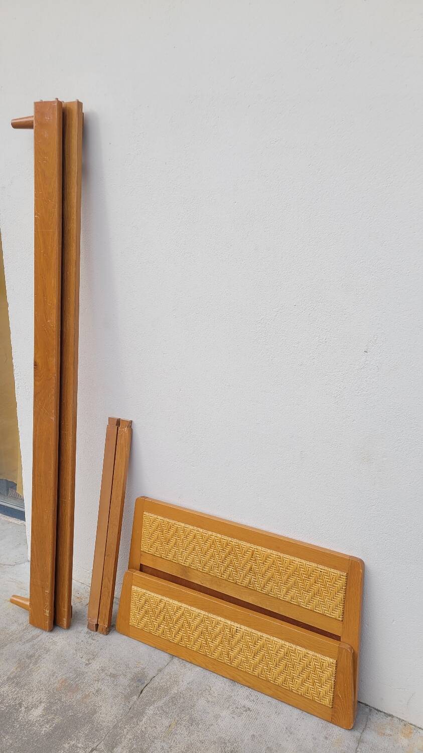 Vintage rattan and solid oak bed 1950s design