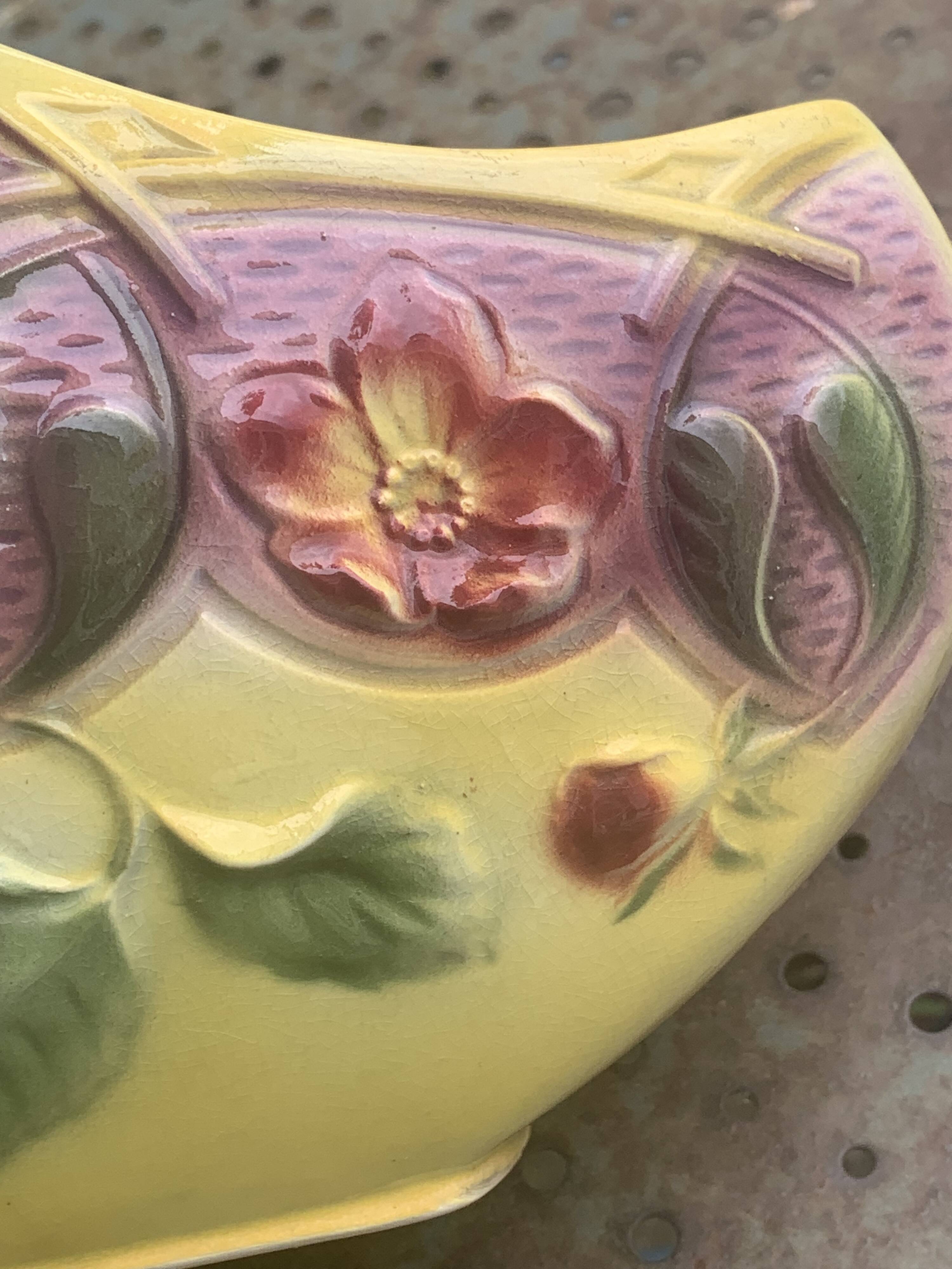 Yellow glazed ceramic slip planter, hawthorn pink flower pattern, art deco