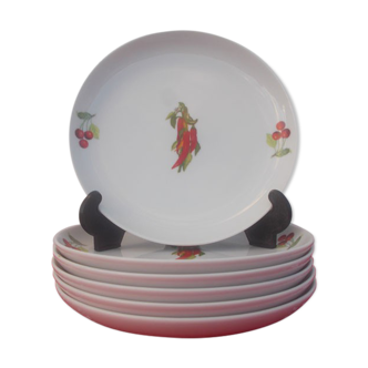 6 Plates dessert porcelain decoration peppers of the Basque Country