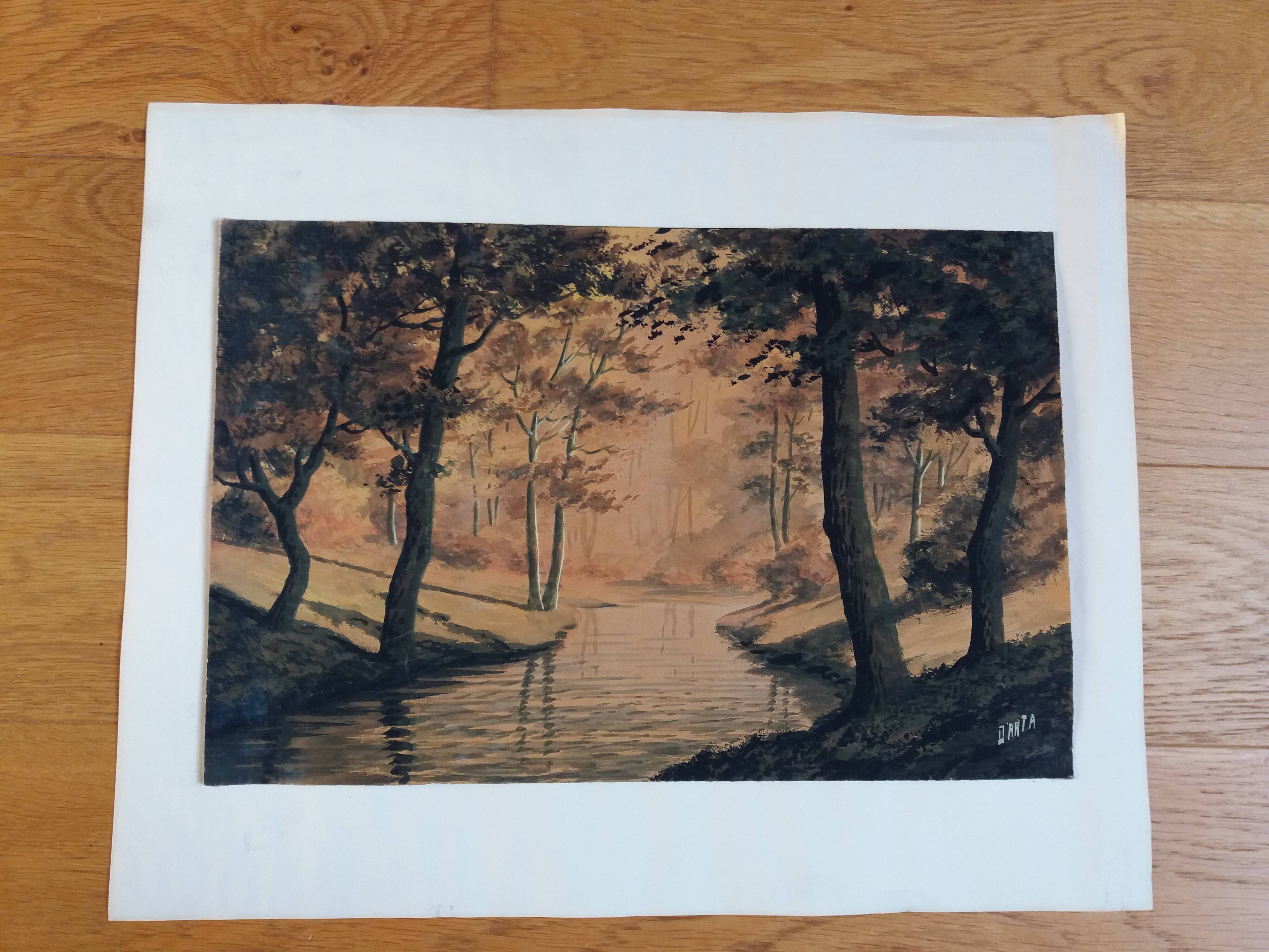 Watercolor signed Darta landscape river and forest