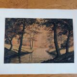 Watercolor signed Darta landscape river and forest