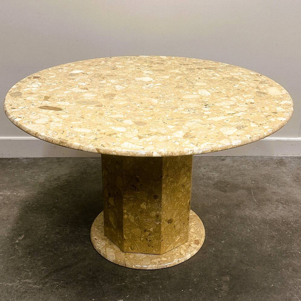 Round breccia marble pedestal table | 1980s vintage stone dining table | Postmodern