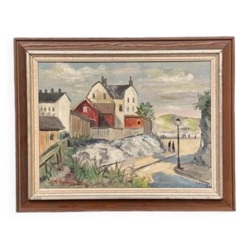 Swedish Oil on Canvas “Houses on Mountain” by Olof H Vintage & Framed 49×39cm