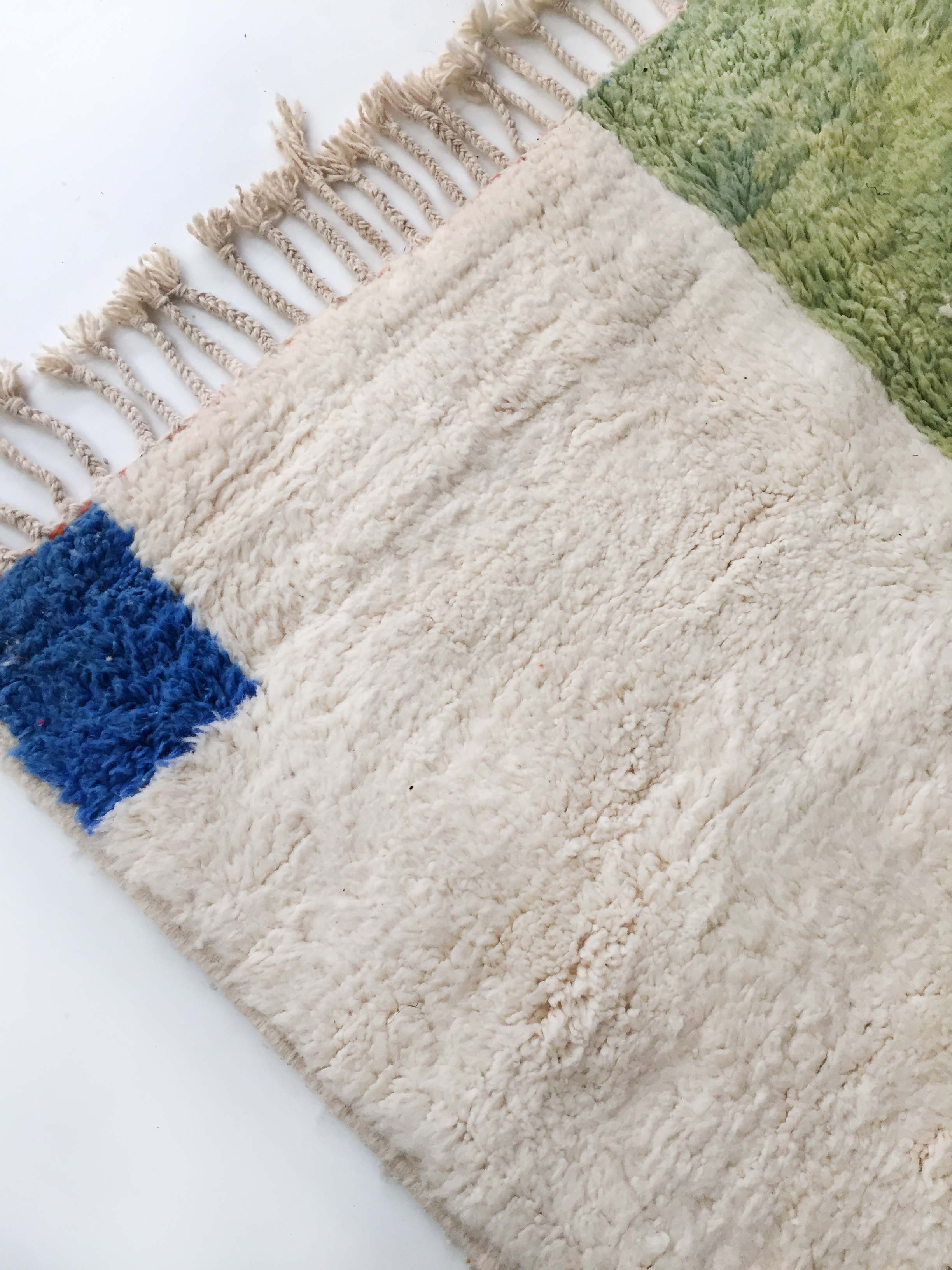 Moroccan berber carpet beni ouarain unbleached with colorful patterns 207x166cm