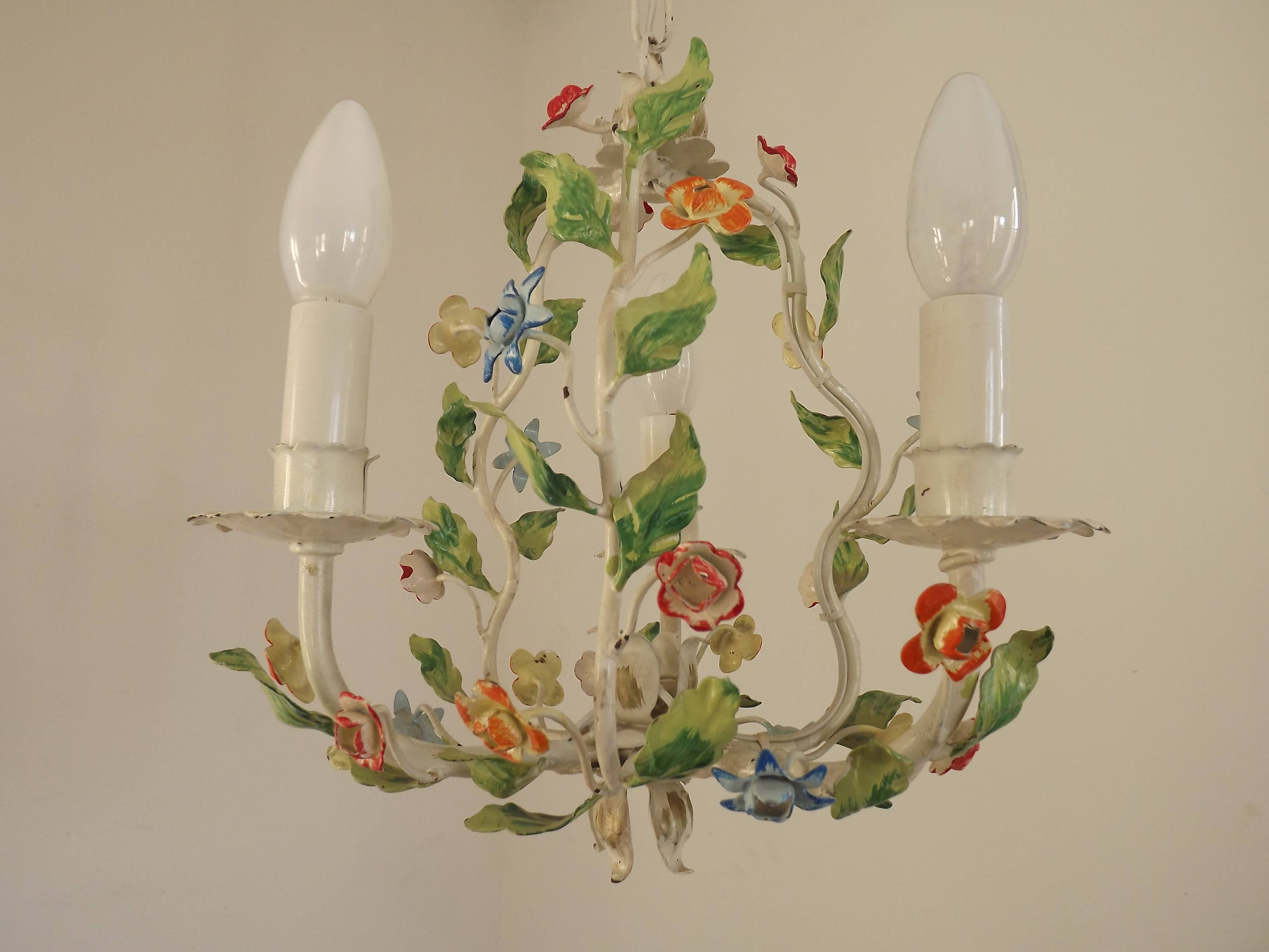 Romantic Vintage Italian Metal 3 Light Cage Chandelier Circa 1930s/40s