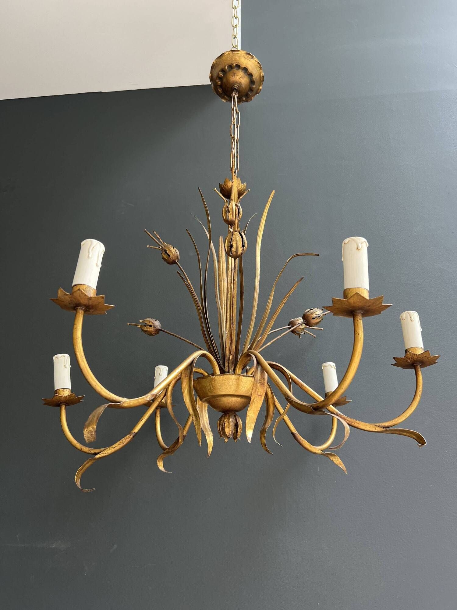 Golden Metal Chandelier with Reed Bouquet Decoration. Coco Chanel Style. Work