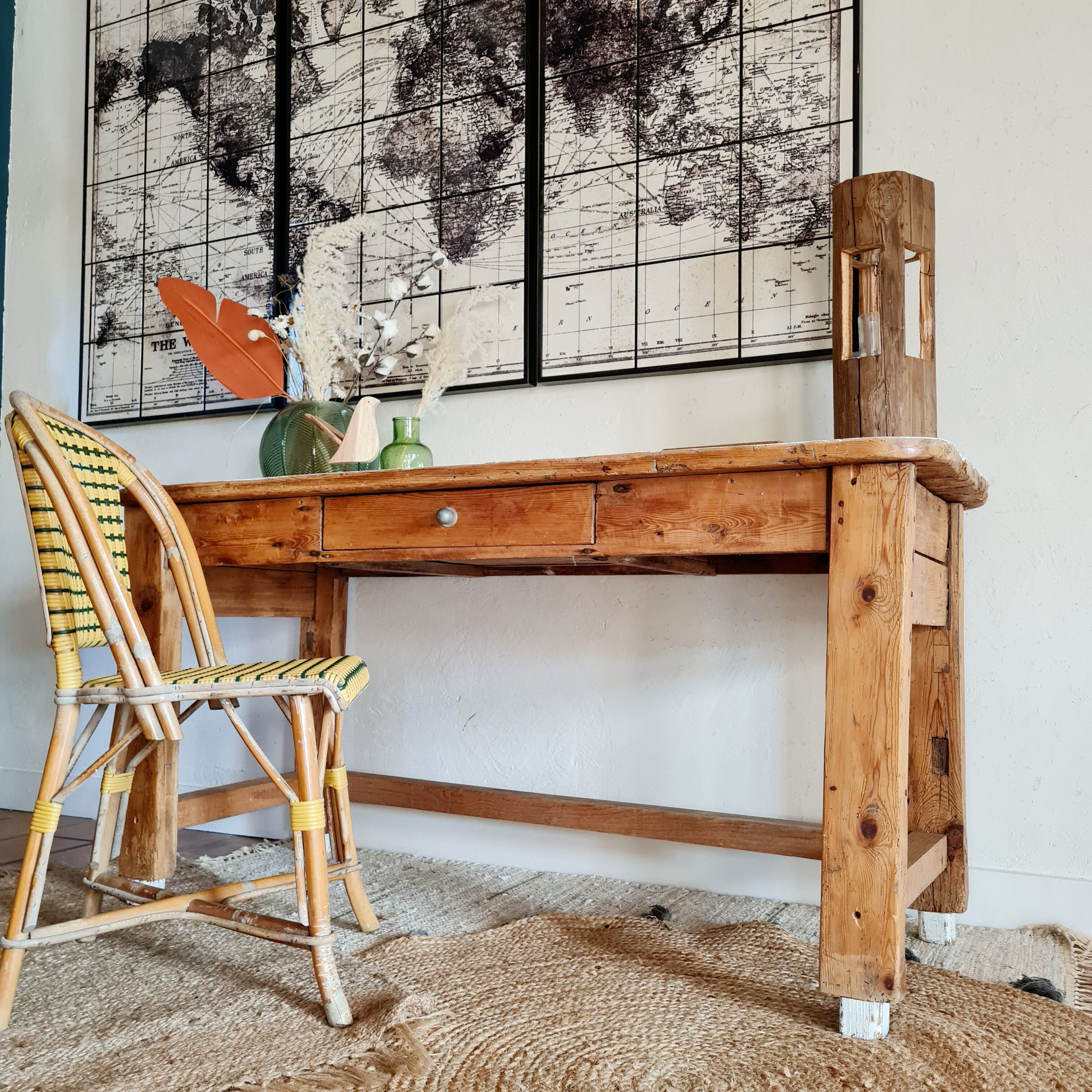 Table d'atelier bureau de métier en bois 1 tiroir plateau blanc