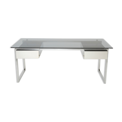 Bureau inox brossé verre fumé gris de Patrice Maffei pour Kappa 1970