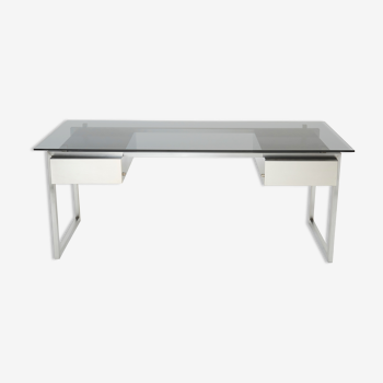 Desk stainless steel brushed gray smoked glass by Patrice Maffei for Kappa 1970
