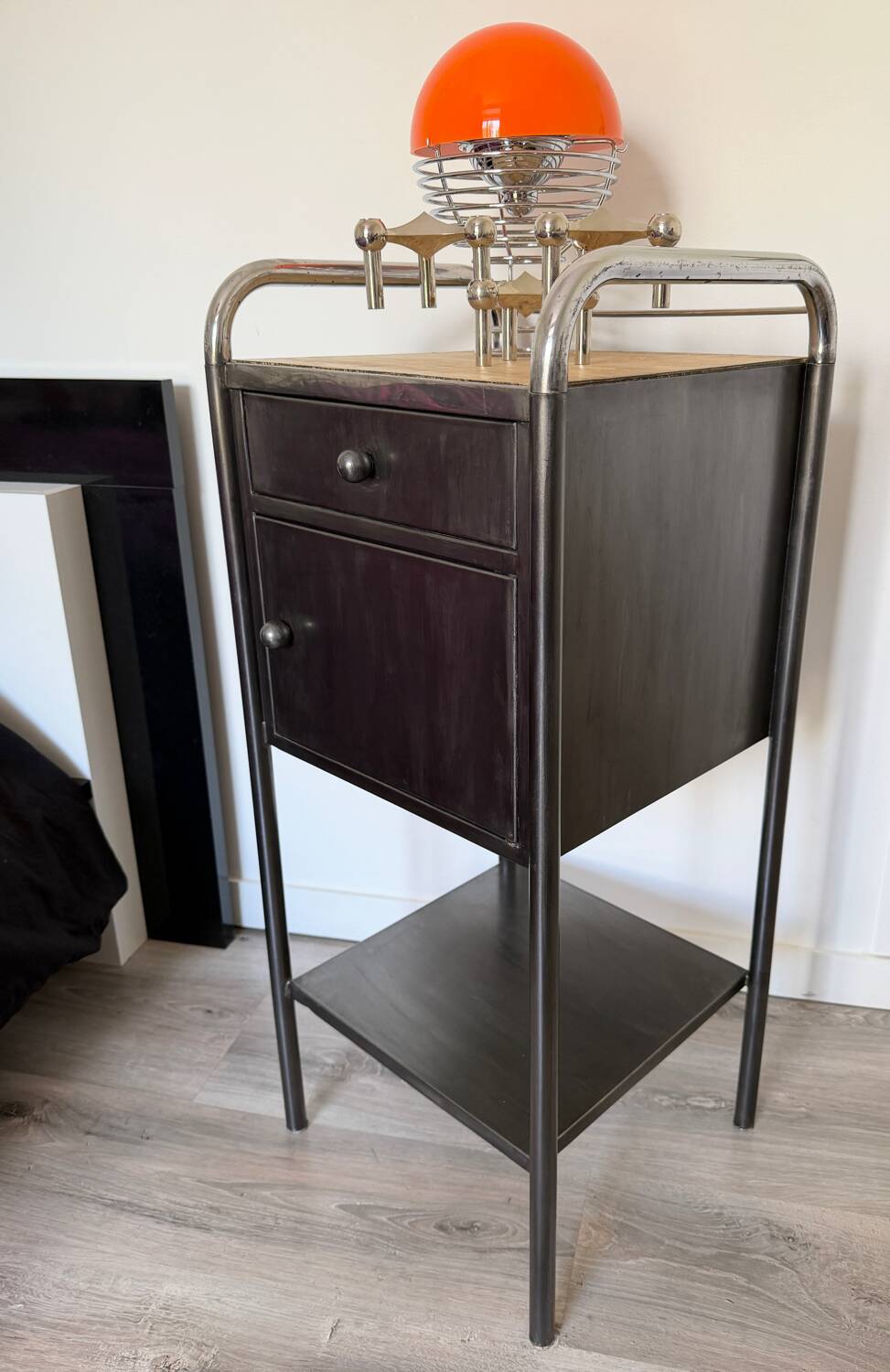 Vintage bedside table in brushed metal