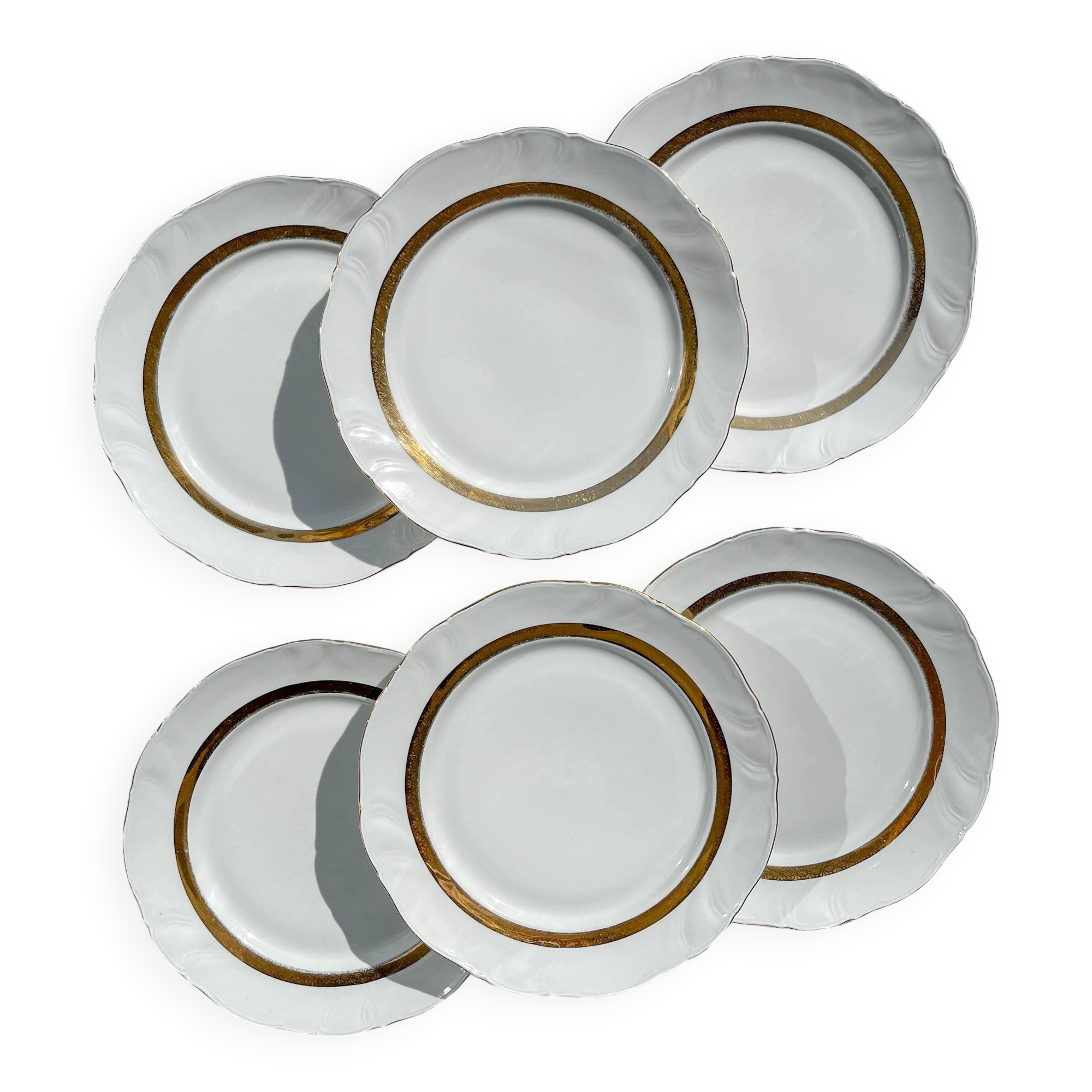 6 Vintage White and Gold Porcelain Dinner Plates Limoge France ADP "Ariane" - Elegant Antique French Tableware