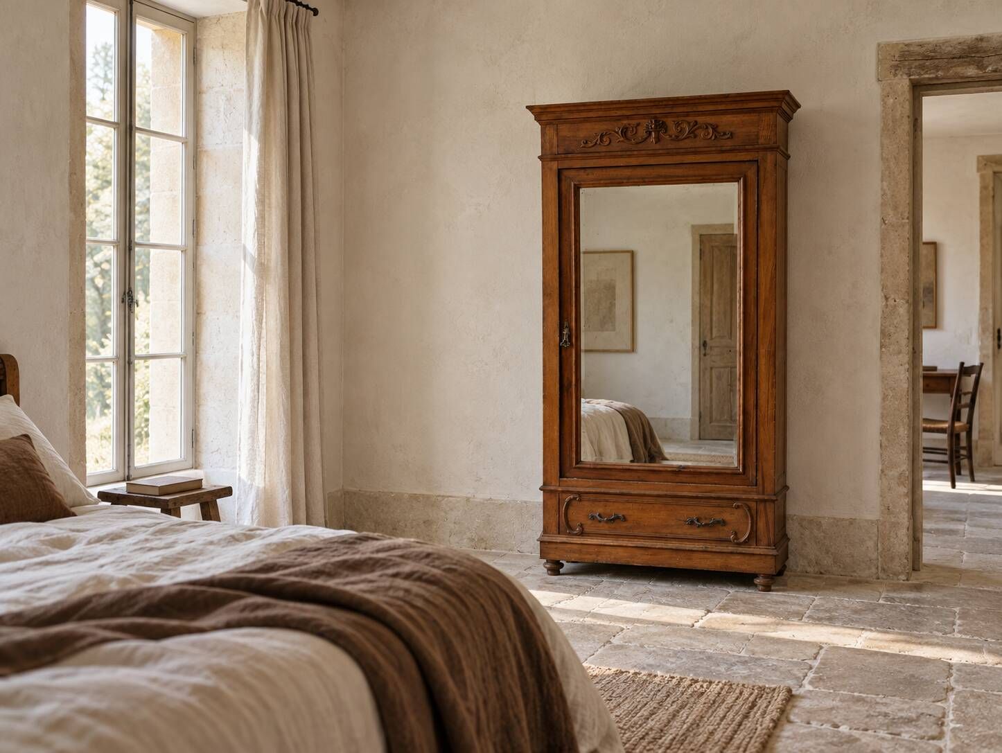 Armoire ancienne à miroir et décors sculptés