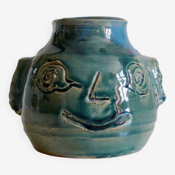 Vase visage céramique turquoise