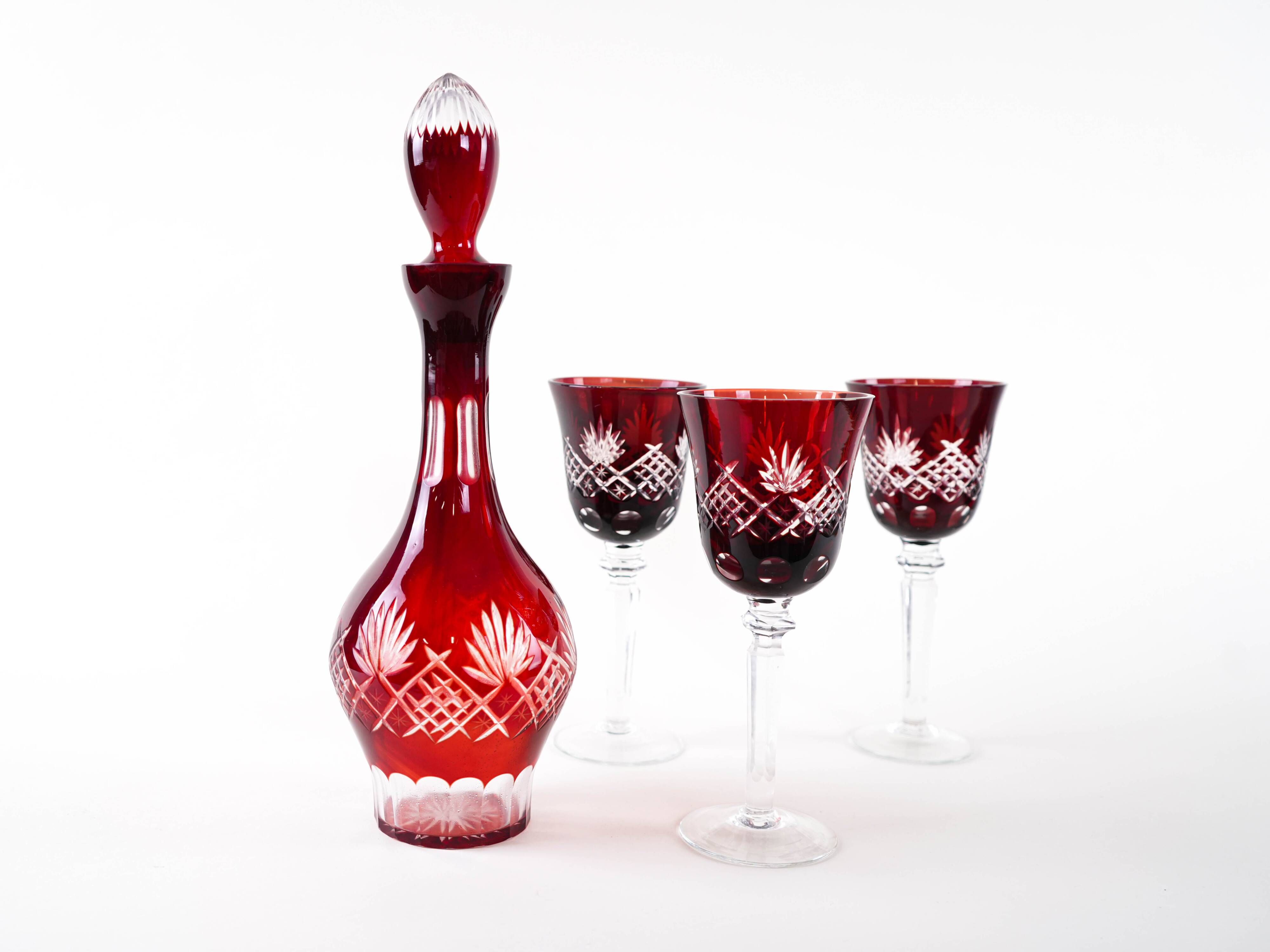 Crystal carafe with glasses in burgundy, European Art Deco style barware set