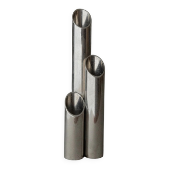 Silver stainless steel triple candle holder, brutalist 1970s Italian design