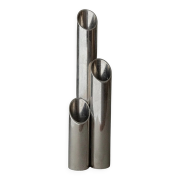 Silver stainless steel triple candle holder, brutalist 1970s Italian design