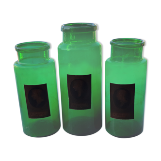 3 pots a pharmacie en verre vert
