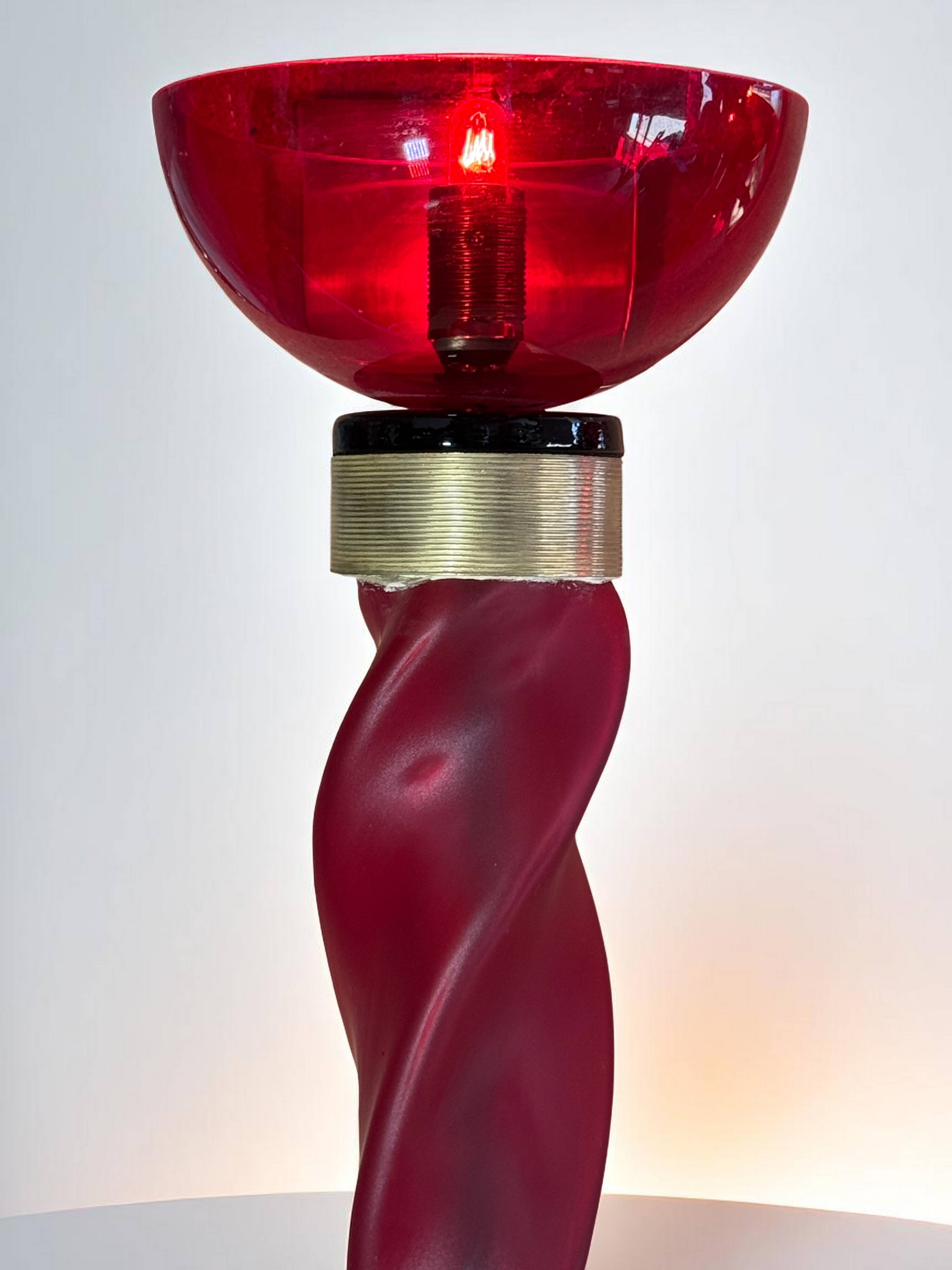 Pair of 62 cm murano torchere wall lights in red tinted glass and brass